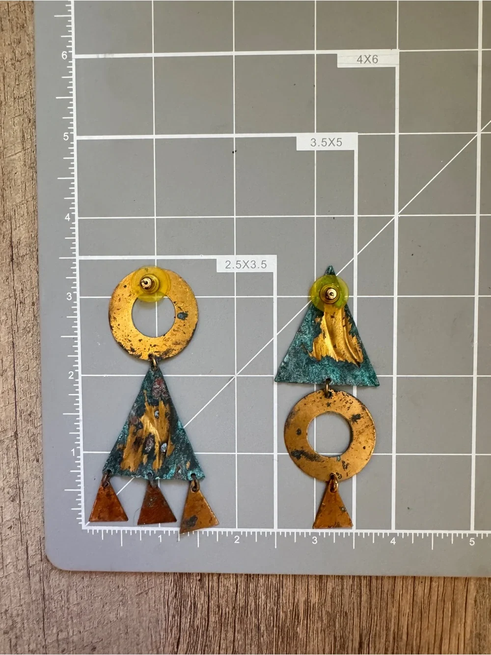 80s Patina Blue Gold Geometric Articulating‎ Drop Earrings Vintage Women Jewelry